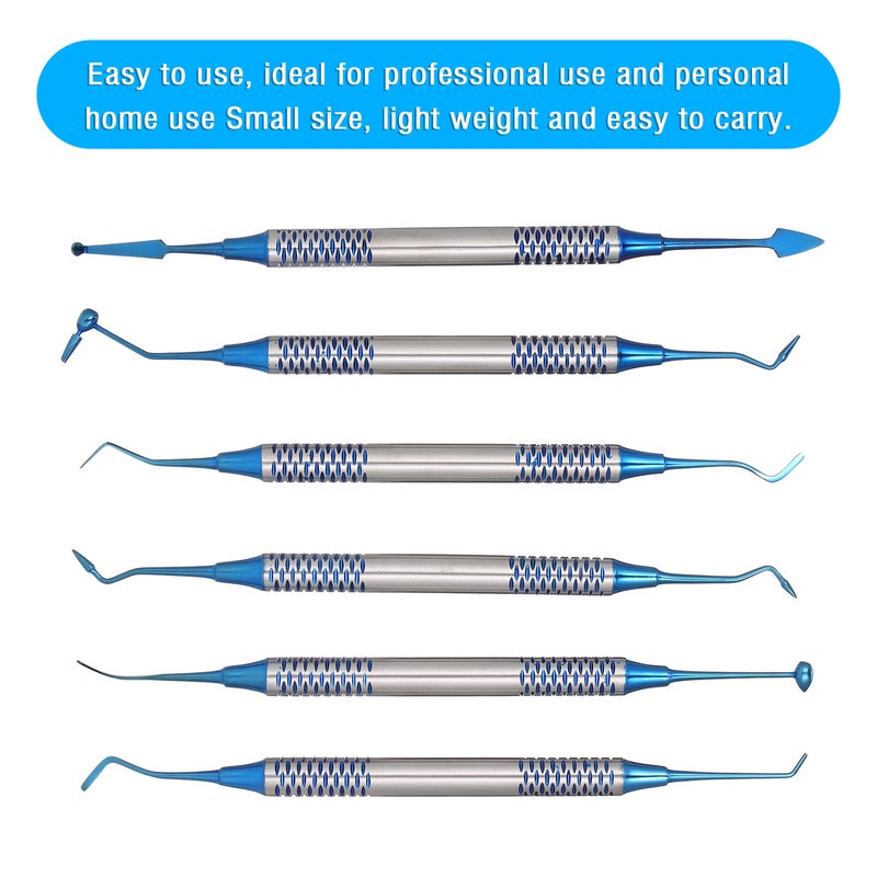 6 Piece Dental Composite Resin Filling Spatula Titanium Plated Head Filler Set Blue 27.2 x 1 x 15.1cm