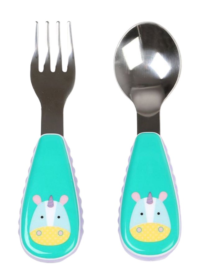 Skip Hop - Pack Of 2 Unicorn Print Zoo Tensils Fork And Spoon - Green, Silver - Image 1