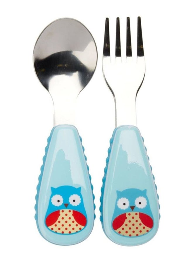 Owl Printed Zootensils Fork And Spoon Set - Silver/Blue