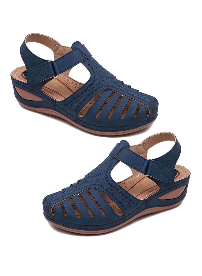 Hollow Cut Wedge Sandals Blue/Brown 