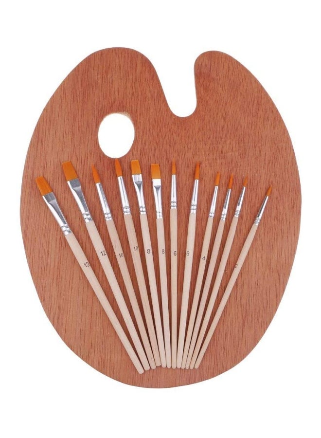 Generic 12 Pieces Professional Nylon Hair Brush Set With Natural Wood Painting Palette Beige  - Image 1