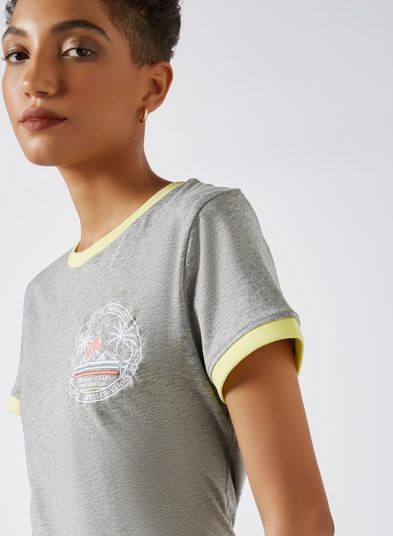BRAVE SOUL Embroidered Patch T-Shirt Grey Marl  / Yellow  - Image 4