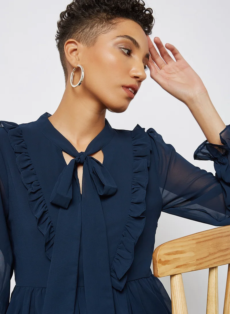 BRAVE SOUL Ruffle Trim Belted Mini Dress Navy