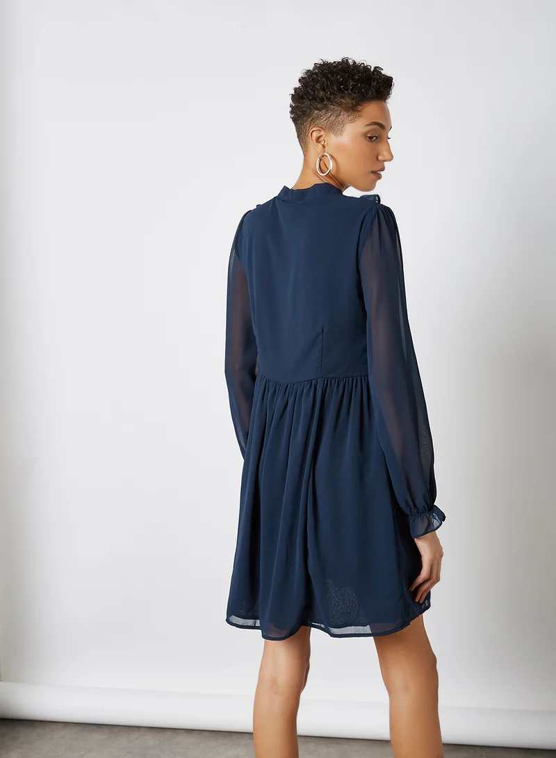 BRAVE SOUL Ruffle Trim Belted Mini Dress Navy