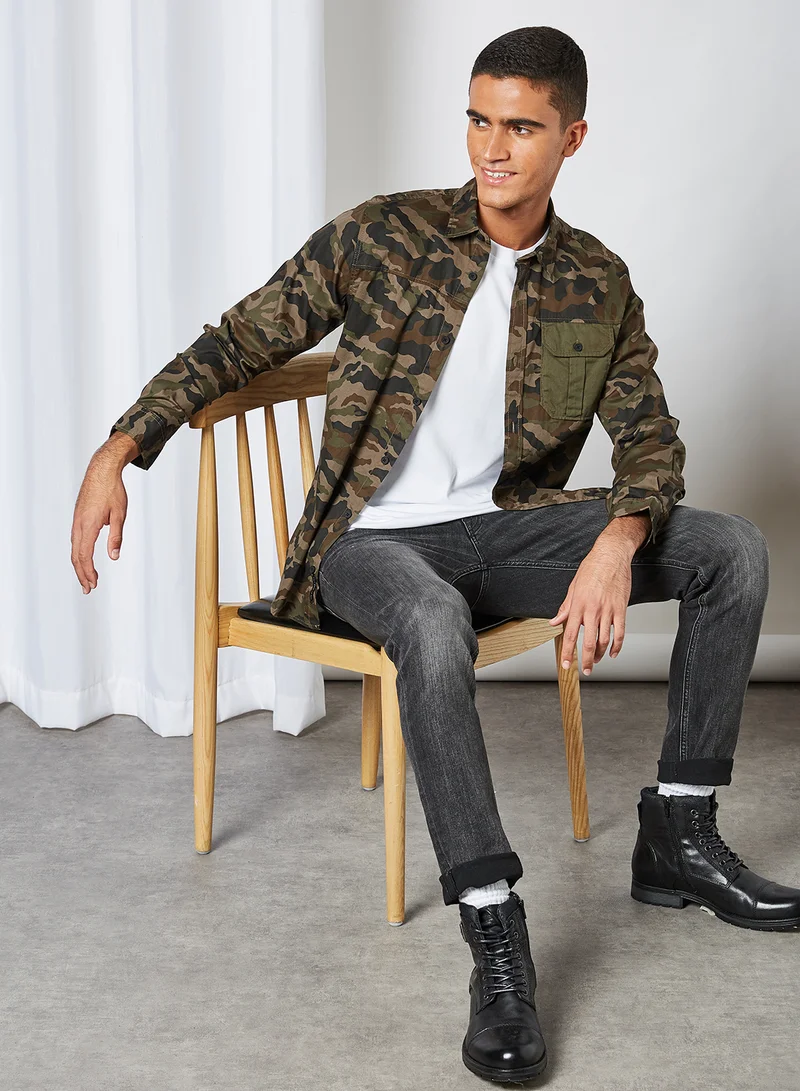 JACK & JONES Front Pocket Camo Shirt Forest Night / Slim