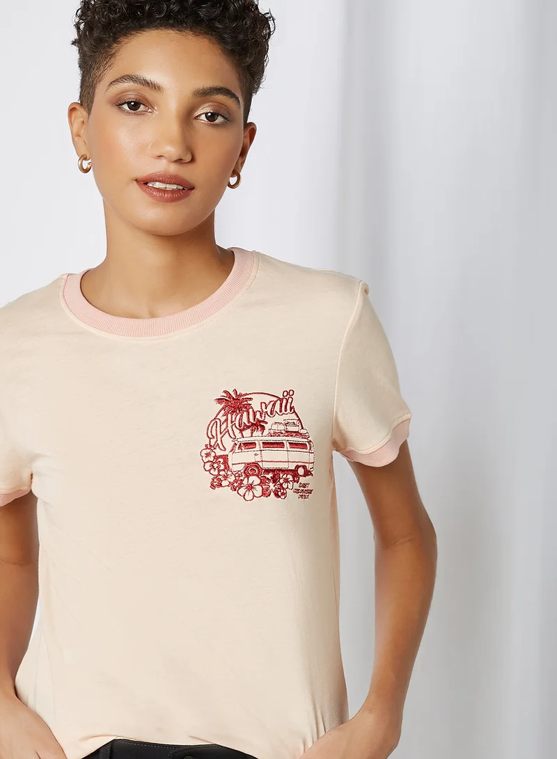 BRAVE SOUL Hawaii Embroidery Patch T-Shirt Rose/Coral