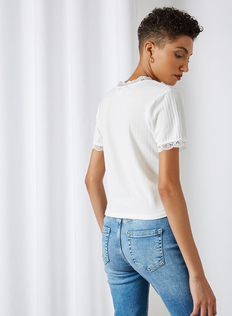 BRAVE SOUL Lace Detailed T-Shirt Off White  - Image 3
