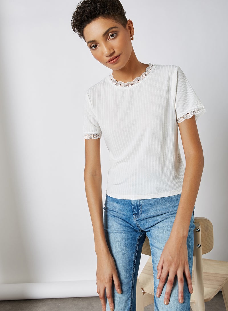 BRAVE SOUL Lace Detailed T-Shirt Off White  - Image 1