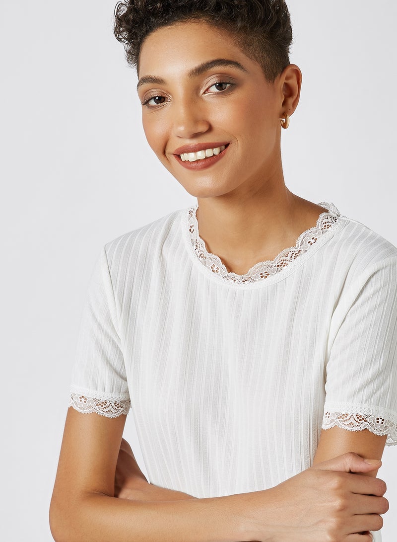 BRAVE SOUL Lace Detailed T-Shirt Off White  - Image 4