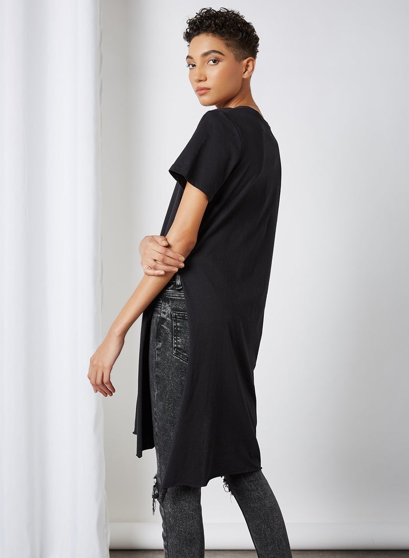 BRAVE SOUL - Longline Side Slit T-Shirt Black - Image 1