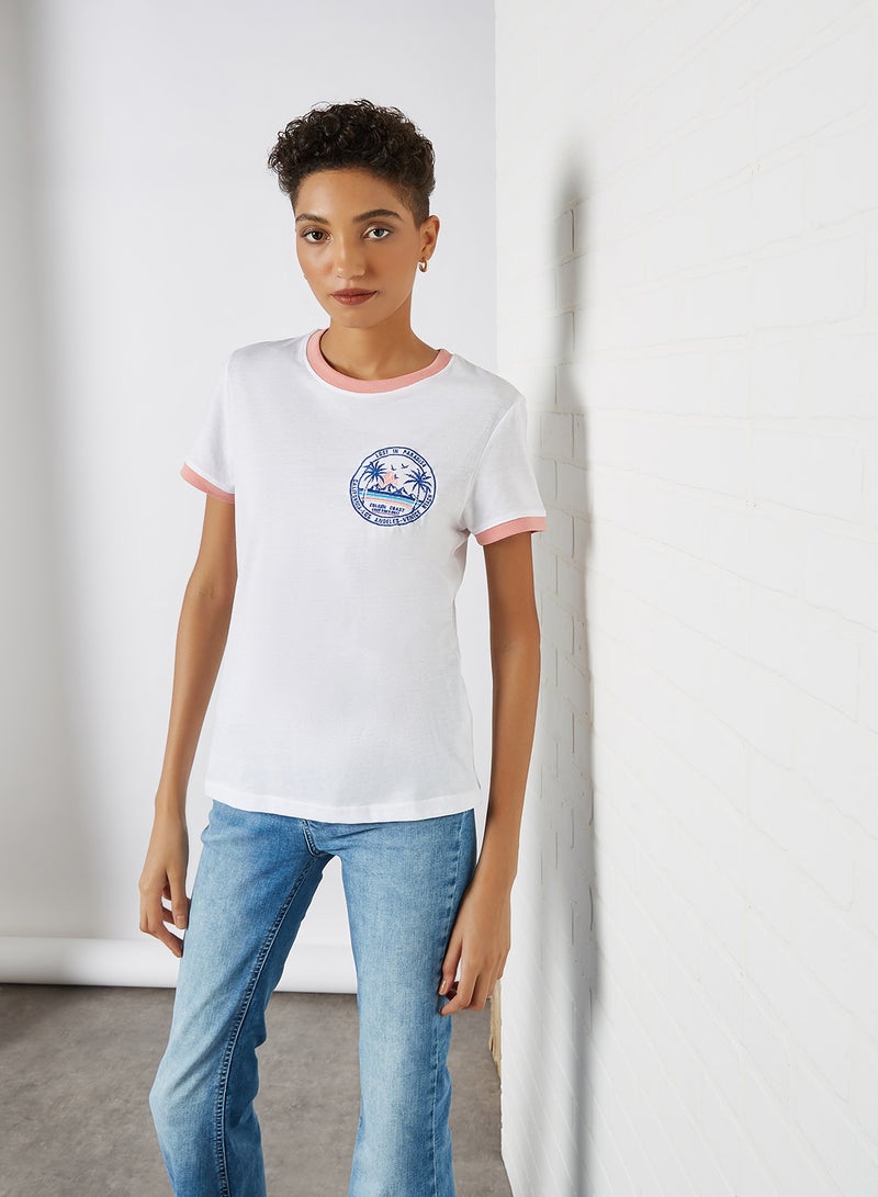 BRAVE SOUL Embroidered Patch T-Shirt White / Rose  - Image 1