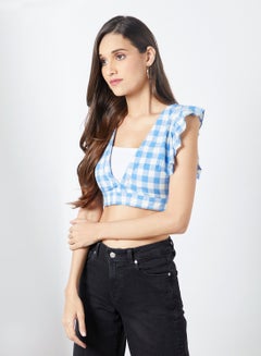FOREVER 21 Check Print V-Neck Crop Top Blue/White  - Image 1