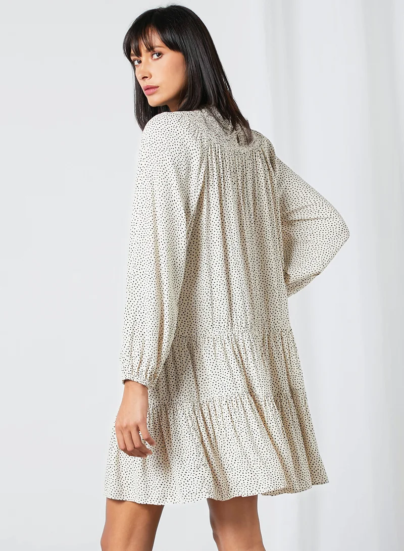 MANGO Valen Printed Long Sleeve Dress Off-White