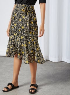 Y.A.S High Waist Ruffle Hem Skirt Black Flower Aop  - Image 2