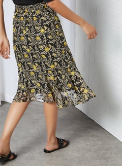 Y.A.S High Waist Ruffle Hem Skirt Black Flower Aop  - Image 3