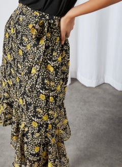Y.A.S High Waist Ruffle Hem Skirt Black Flower Aop  - Image 4