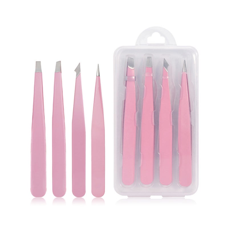 Generic - 4-Piece Eyebrow Tweezers Set With Storage Case Pink - Image 1