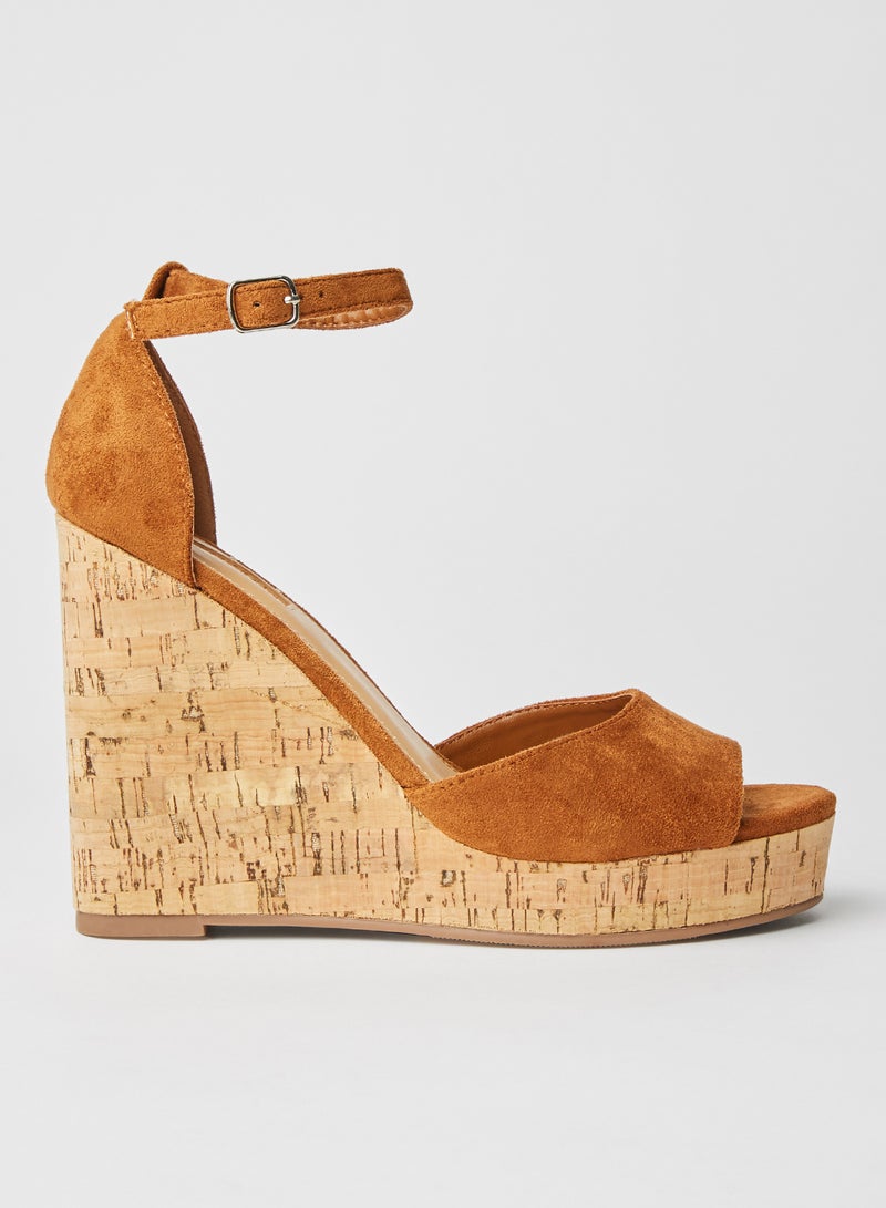 Faux Suede High Heel Wedge Sandals Tan