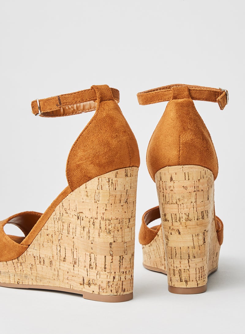 Faux Suede High Heel Wedge Sandals Tan