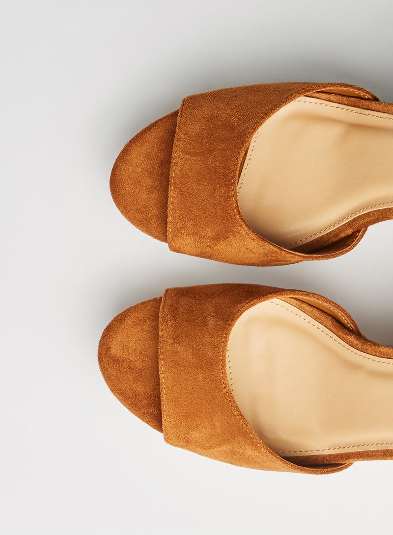 Faux Suede High Heel Wedge Sandals Tan
