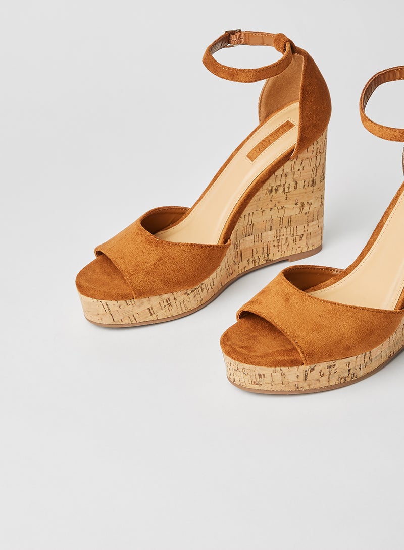 Faux Suede High Heel Wedge Sandals Tan