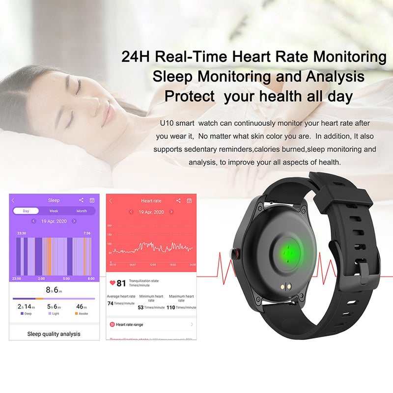 U10 Bluetooth 5.0 IP68 Waterproof Multi-Function Smartwatch For iOS/Android Phones Black