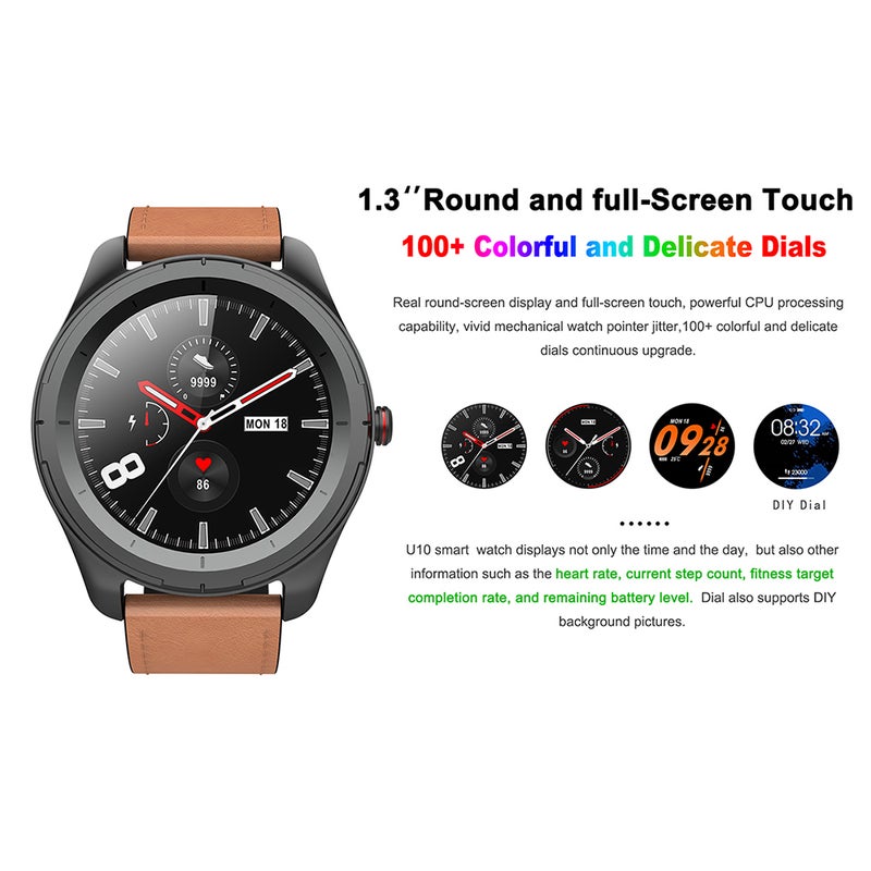 U10 Bluetooth 5.0 IP68 Waterproof Multi-Function Smartwatch For iOS/Android Phones Black