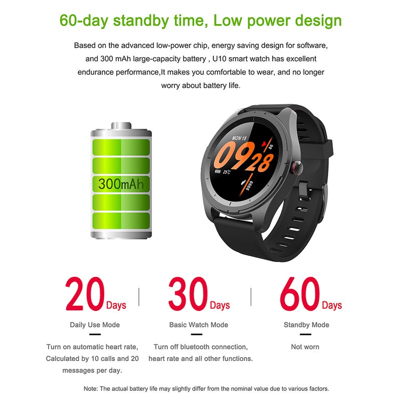 U10 Bluetooth 5.0 IP68 Waterproof Multi-Function Smartwatch For iOS/Android Phones Black