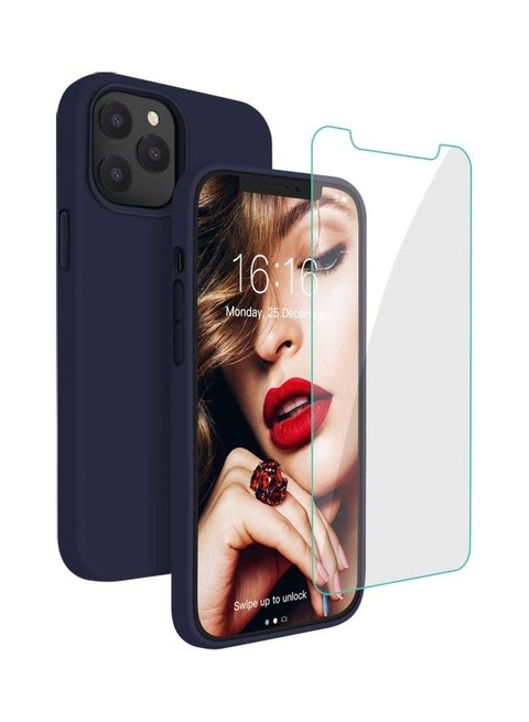 Silicone Shockproof Phone Case With Tempered Screen Protector For iPhone 12 Pro Max Dark Blue