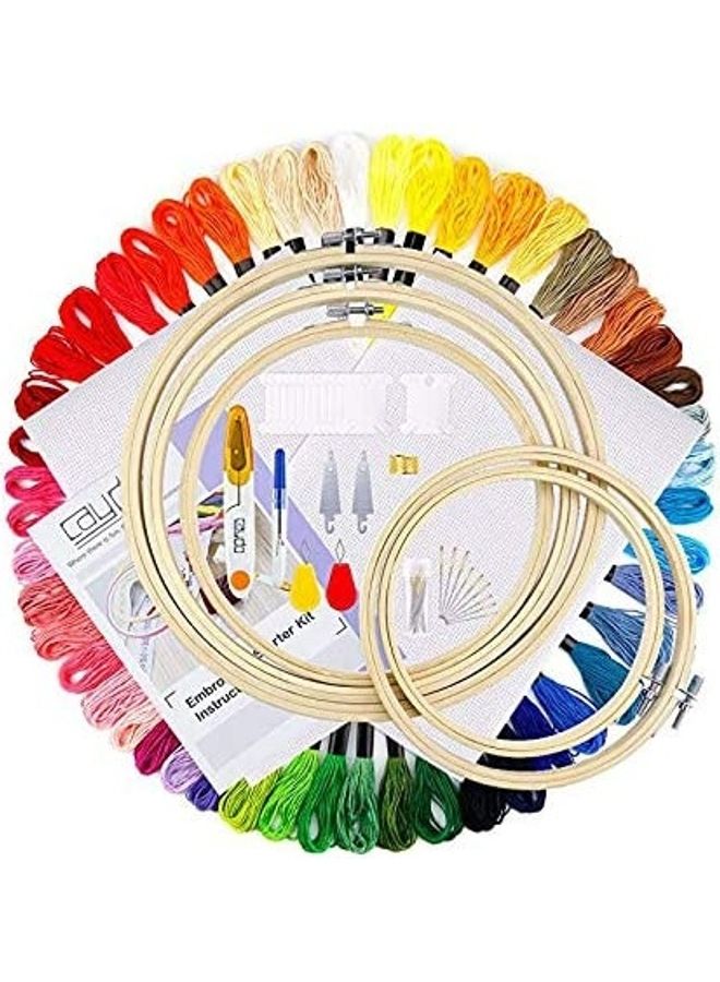 AIWANTO - Full Range of Embroidery Starter Kit Including 5-Pieces Bamboo Embroidery Hoops 50 Random Color Threads and 9-Piece Random Color Cross Stitch Tool Kit Multicolour - Image 1