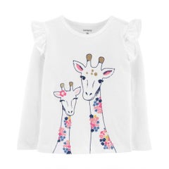 Giraffe Printed Ruffle Shoulder T-Shirt White