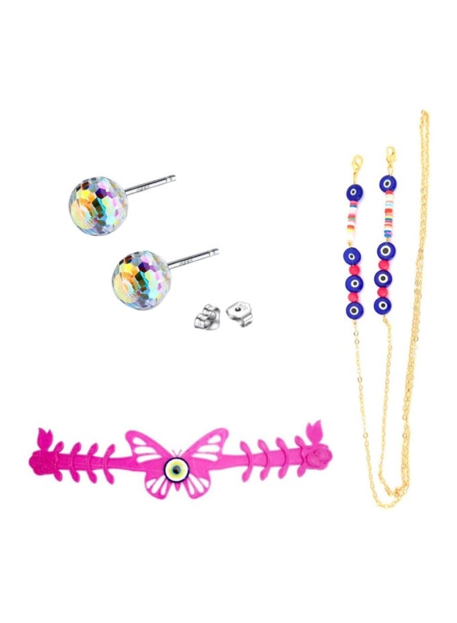 Miracle Empire 2 Mask holders one butterfly pink with crystal, one chain and earrings changes color with light sun pink  - Image 1