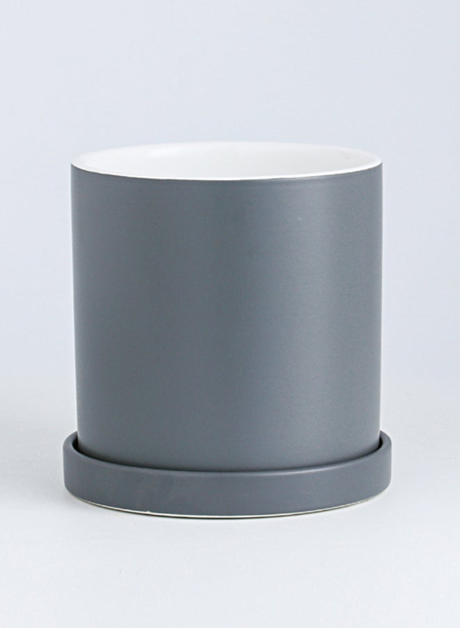 شور أصيص زهور من السيراميك بتصميم أسطواني بسيط للتزيين الداخلي مع صينية رمادي 17x17سم - Image 2