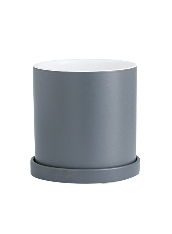 شور أصيص زهور من السيراميك بتصميم أسطواني بسيط للتزيين الداخلي مع صينية رمادي 17x17سم - Image 1