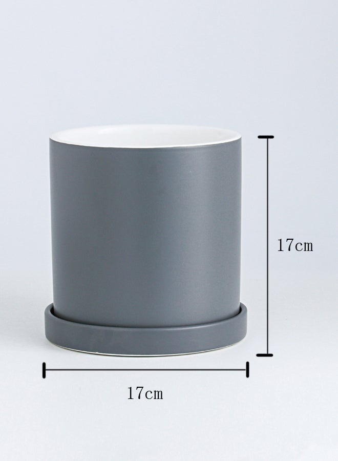 شور أصيص زهور من السيراميك بتصميم أسطواني بسيط للتزيين الداخلي مع صينية رمادي 17x17سم - Image 4