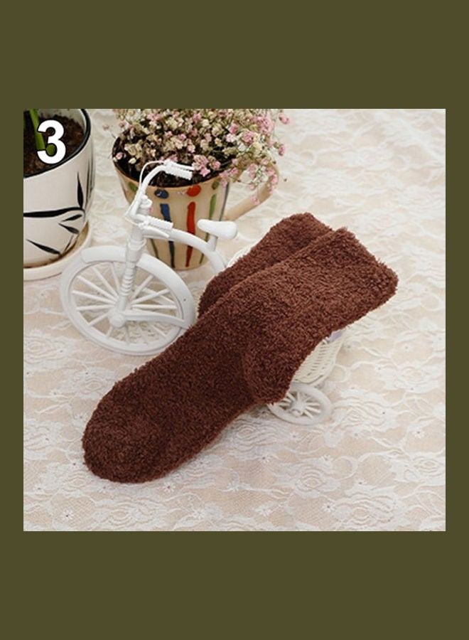 Women Girl Winter Warm Thicken Coral Fleece Fluffy Solid Color Sleep Bed Socks Coffee  - Image 1