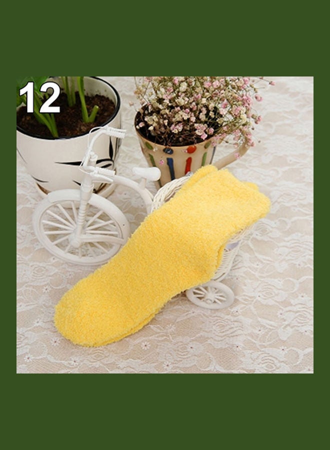 Women Girl Winter Warm Thicken Coral Fleece Fluffy Solid Color Sleep Bed Socks Yellow  - Image 1