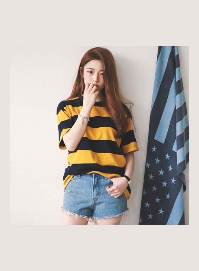 Women Summer Loose All-match Stripe Short Sleeve Round Neck T-shirt yellow - Image 1