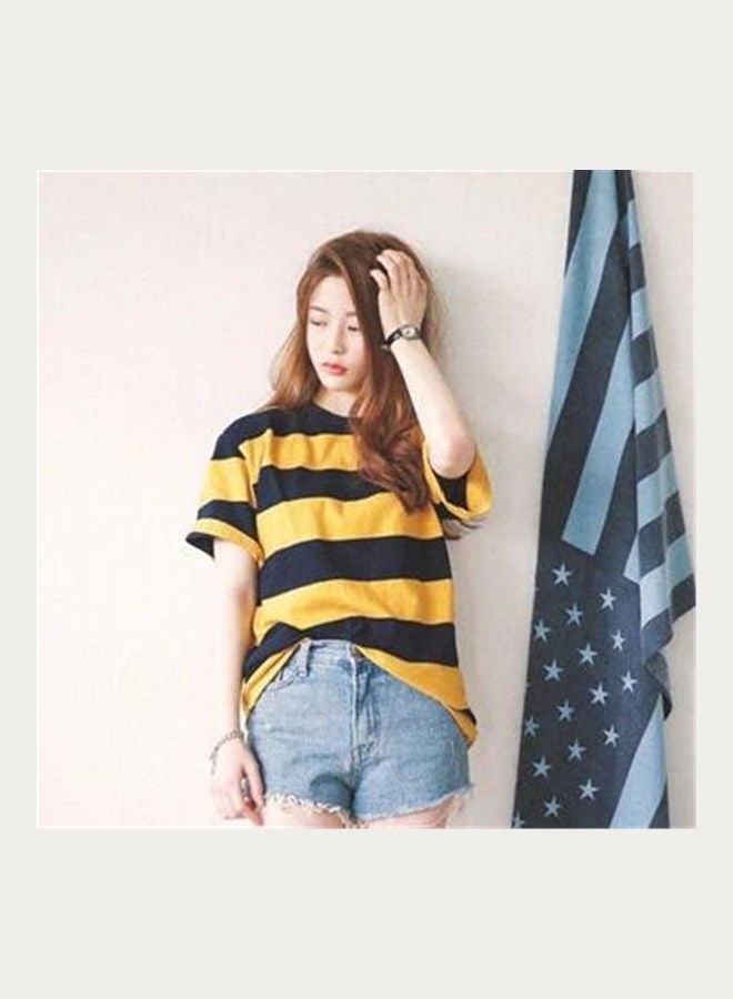 Women Summer Loose All-match Stripe Short Sleeve Round Neck T-shirt yellow - Image 3
