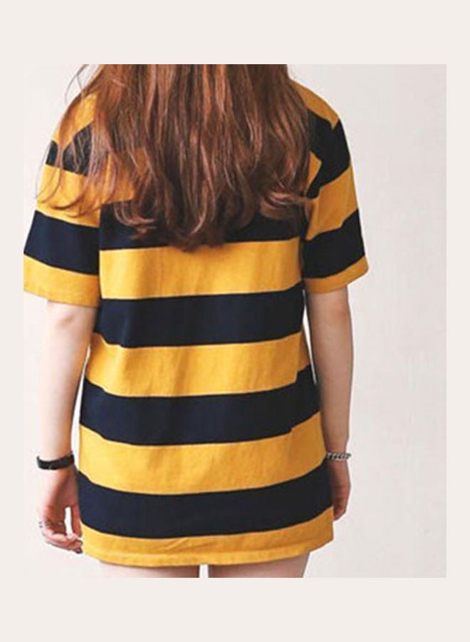 Women Summer Loose All-match Stripe Short Sleeve Round Neck T-shirt yellow - Image 2