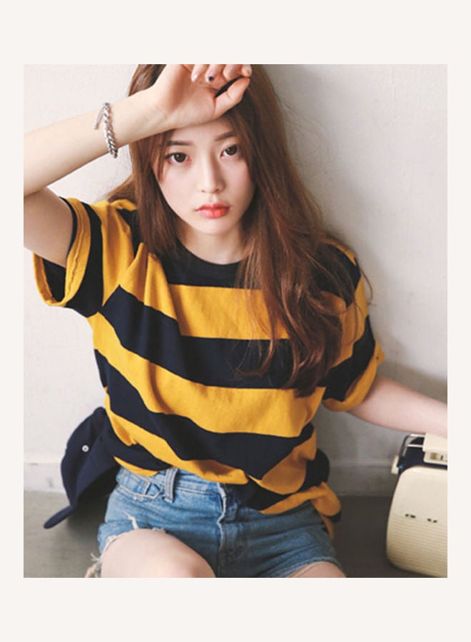 Women Summer Loose All-match Stripe Short Sleeve Round Neck T-shirt yellow - Image 5