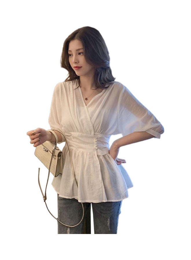 Women's Blouse Summer Solid Color V-neck Thin Section Half-sleeve Clothing white  - Image 1