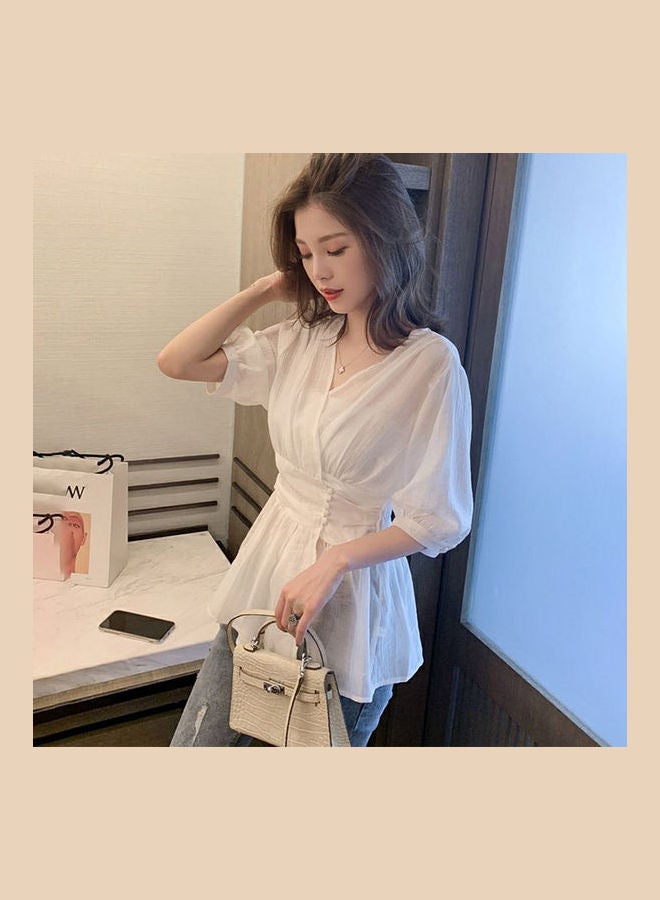 Women's Blouse Summer Solid Color V-neck Thin Section Half-sleeve Clothing white  - Image 3