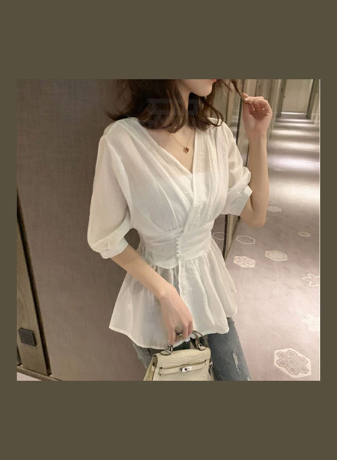 Women's Blouse Summer Solid Color V-neck Thin Section Half-sleeve Clothing white  - Image 4