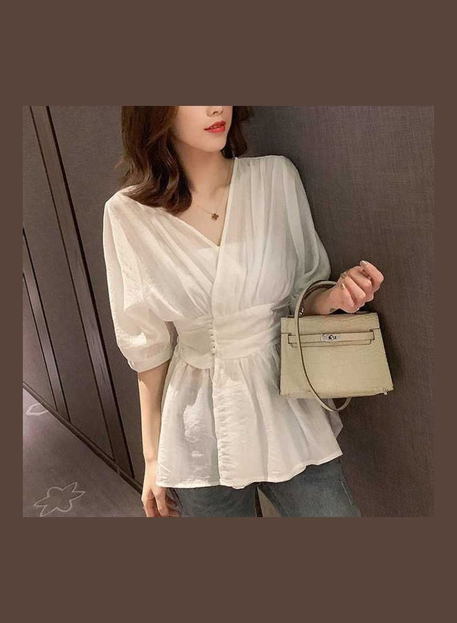 Women's Blouse Summer Solid Color V-neck Thin Section Half-sleeve Clothing white  - Image 5