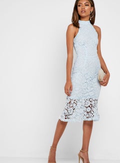 Halter Neck Frill Detail Dress Light blue