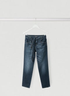 High Waist Belted Fit Jeans Blue