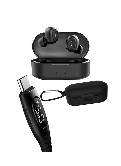 T2C TWS Bluetooth Wireless Earphones With Type C Braided Fast Charging Data Cable And T2C Headphone Case Black