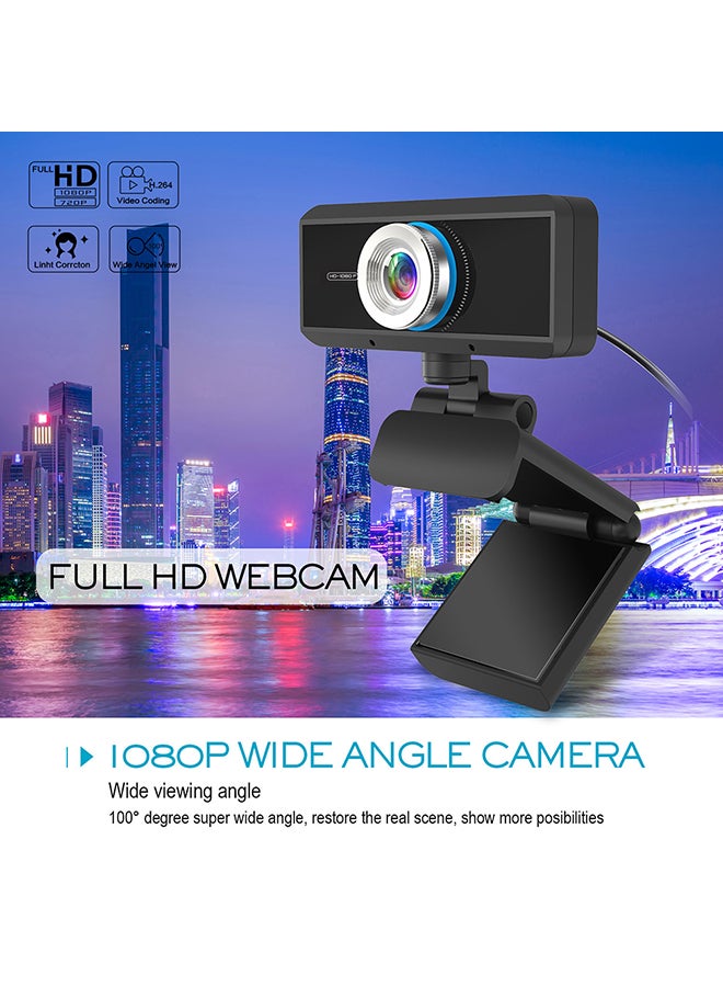 USB HD 1080P Video Camera Web Cam Drive-Free Webcam for Laptop Desktop Computer Black