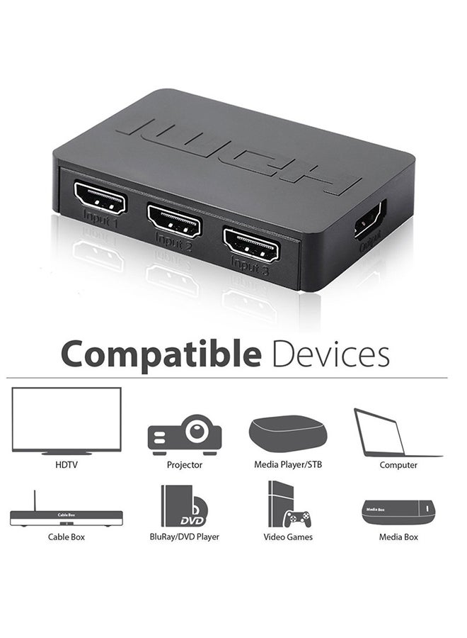 ماركة غير محددة - موزع HDMI ثلاثي المنافذ 3 في 1 بمفتاح تبديل تلقائي بدقة 1080 بكسل عالية الوضوح مع جهاز تحكم عن بعد لجهاز إكس بوكس 360 وبلايستيشن 3 وأجهزة البروجيكتور عالية الوضوح أسود - Image 1
